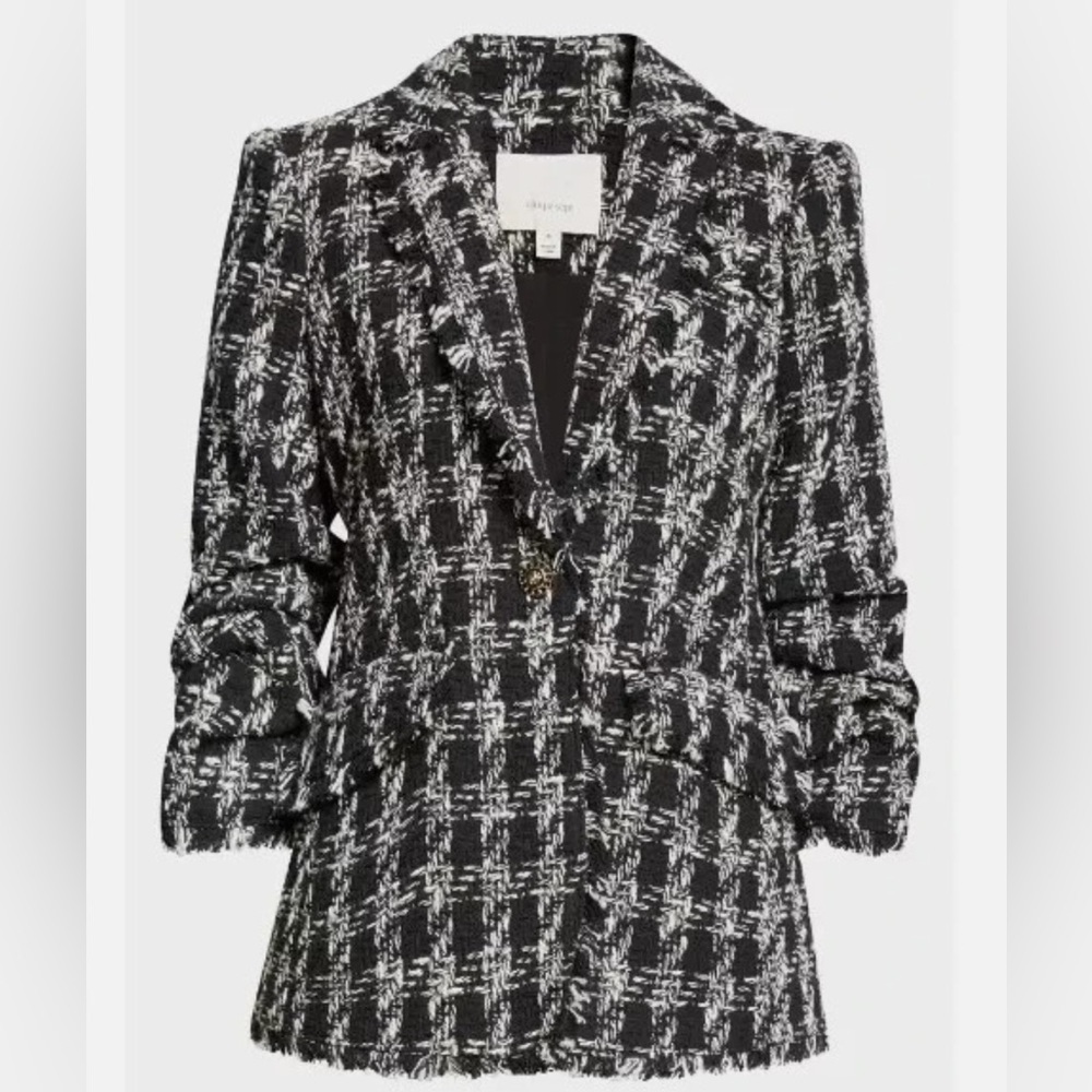 Cinq à Sept 'Khloe' Fringe-Trim Adrienne Boucle Blazer, Black/Ivory